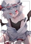  1girl bare_shoulders bat_wings black_wings breasts camisole closed_mouth collarbone fall_dommmmmer hat hat_ribbon highres long_sleeves looking_at_viewer medium_hair mob_cap pointy_ears red_eyes red_ribbon remilia_scarlet ribbon silver_hair simple_background sitting small_breasts socks solo strap_slip sweat touhou uneven_eyes white_background white_headwear white_legwear wings 