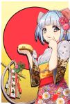  bangs bell_ornament blue_eyes blue_hair blunt_bangs bob_cut cheese cheese_wheel chinese_zodiac eyelashes floral_print food hair_intakes highres japanese_clothes kanzaki_ranko kimono licking_lips looking_at_viewer mari0ball mouse mouse_girl mouse_tail new_year obi original red_sun sash shide straw_(stalk) tail tongue tongue_out year_of_the_rat yellow_background yellow_eyes 