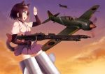  1girl 1other a9b_(louis814) absurdres animal_ears black_eyes black_hair black_shirt blue_skirt bob_cut clouds cloudy_sky commentary dog_ears dog_tail flying gradient_sky gun hakama_skirt highres holding holding_gun holding_weapon japanese_clothes kuroda_kunika long_sleeves looking_at_another machine_gun mg42 noble_witches open_mouth orange_sky outdoors pilot_suit pleated_skirt purple_sky roundel shirt short_hair short_over_long_sleeves short_sleeves skirt sky smile striker_unit tail twilight waving weapon white_shirt world_witches_series 
