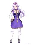  1girl absurdres artist_name closed_mouth cosplay dress fire_emblem fire_emblem:_genealogy_of_the_holy_war fire_emblem:_three_houses full_body highres idle_antics long_hair long_sleeves lysithea_von_ordelia lysithea_von_ordelia_(cosplay) ponytail purple_hair simple_background smile solo tailtiu_(fire_emblem) violet_eyes white_background white_legwear 