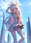  +_+ 1girl absurdres azur_lane bangs blue_eyes breasts building chinese_commentary cityscape closed_mouth commentary_request day double_bun dress epaulettes from_below hei_huo_chong highres holding holding_sword holding_weapon le_malin_(azur_lane) light_smile long_hair long_sleeves looking_at_viewer looking_down outdoors panties panties_under_pantyhose pantyhose rapier sidelocks silver_hair skirt skyscraper small_breasts solo sunlight sword under_boob underboob_cutout underwear very_long_hair weapon white_dress white_legwear white_panties white_skirt 