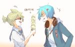  +++ /\/\/\ 2boys blonde_hair blue_hair blue_jacket cable closed_eyes commentary food glasses hair_ornament hairclip headphones headphones_around_neck holding holding_food hood hoodie ice_cream ice_cream_cone jacket kagamine_len kaito laughing male_focus miso23so multiple_boys nail_polish necktie open_mouth plaid_neckwear project_diva_(series) school_jersey_(module) school_uniform_parka_(module) shirt short_ponytail smile spiky_hair sweat too_many too_many_scoops translated vocaloid white_hoodie white_shirt yellow_nails 