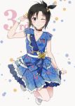  1girl antenna_hair black_bow black_choker black_eyes black_hair blue_dress blush bow choker closed_eyes dress frilled_dress frills grey_background hair_bow highres idol idolmaster idolmaster_(classic) idolmaster_million_live! idolmaster_million_live!_theater_days jumping kikuchi_makoto looking_at_viewer mogskg one_eye_closed shoes short_hair short_sleeves smile solo white_footwear 