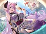  1girl bare_shoulders blue_eyes breasts detached_sleeves draph earrings granblue_fantasy hair_over_one_eye horns japanese_clothes jewelry kimono large_breasts long_hair narmaya_(granblue_fantasy) pink_hair pointy_ears smile solo very_long_hair youmou_usagi 