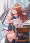  black_skirt blue_neckwear brown_eyes chair classroom crossed_arms desk eyebrows_visible_through_hair fly_(marguerite) highres long_hair looking_at_viewer original redhead shirt sitting skirt smile textbook white_shirt wind window 