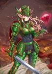  1girl adsouto armor armored_dress blonde_hair braid breasts green_armor green_eyes helmet highres holding holding_sword holding_weapon long_hair pointy_ears princess_zelda shoulder_armor solo sword the_legend_of_zelda the_legend_of_zelda:_breath_of_the_wild weapon 