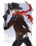  1boy bangs belt billy_the_kid_(fate/grand_order) black_gloves black_headwear black_pants blonde_hair buckle cowboy_hat cowboy_shot fate/grand_order fate_(series) gloves gun handgun hat holding holding_gun holding_weapon pants pistol red_scarf revolver scarf torn_scarf vambraces weapon white_background winter yamakawatani 