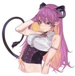  1girl green_eyes hand_in_hair highres hololive horns looking_down mano_aloe midriff navel pointy_ears purple_hair r_u_i_(s_1cll) solo tail upper_body virtual_youtuber 