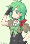  1girl ahenn antenna_hair black_gloves eyebrows_visible_through_hair gloves green_background green_eyes green_hair green_neckwear hand_on_hip kantai_collection long_hair matsu_(kantai_collection) sailor_collar salute short_sleeves simple_background smile solo twitter_username upper_body white_sailor_collar 