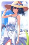  1girl alisia0812 bangs bare_shoulders blue_hair blue_ribbon blue_sky blush breasts closed_mouth collarbone dress hat highres idolmaster idolmaster_shiny_colors looking_at_viewer morino_rinze red_eyes ribbon short_hair sky small_breasts smile sun_hat white_dress 