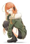  1girl absurdres artist_request bangs bike_shorts black_footwear black_legwear black_shorts blunt_bangs boots closed_eyes coat fur-trimmed_coat fur_trim glasses green_coat headphones highres knee_boots long_hair orange_hair parted_lips persona persona_5 sakura_futaba shorts smile solo squatting thigh-highs yonedamai zettai_ryouiki 