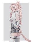  1girl animal_ears arms_behind_back bangs blonde_hair blush breasts cat_ears cat_tail cowboy_shot earrings facing_away final_fantasy final_fantasy_xiv jewelry long_hair medium_breasts miqo&#039;te ponytail profile seth_(taesnz) simple_background solo tail thigh-highs two-tone_background 