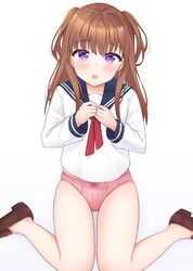  1girl :o bangs black_sailor_collar blush bow bow_panties brown_footwear brown_hair eyebrows_visible_through_hair hands_up highres loafers long_hair long_sleeves looking_at_viewer no_pants no_socks open_mouth original panties pink_panties red_neckwear sailor_collar school_uniform serafuku seventeen_(st17215) shirt shoes simple_background sitting solo two_side_up underwear violet_eyes wariza white_background white_shirt 