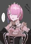  ... 1girl breasts detached_sleeves grey_background hair_over_one_eye hairband heart heart_hands highres maid oosawara_sadao parted_lips pink_eyes pink_hair ram_(re:zero) re:zero_kara_hajimeru_isekai_seikatsu short_hair simple_background small_breasts solo spoken_ellipsis teeth 