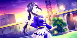  blue_hair blush dress long_hair love_live!_school_idol_festival_all_stars matsuura_kanan ponytail smile violet_eyes wink 