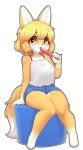  1girl animal_ears arm_support barefoot blue_shorts breasts brown_eyes brown_hair collarbone denim denim_shorts eating eyebrows_visible_through_hair food fox_ears fox_girl fox_tail full_body furry highres holding holding_food jupiter_europe looking_at_viewer medium_breasts original popsicle revision short_hair shorts sitting solo tail tongue tongue_out 