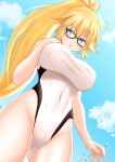  1girl absurdres bangs bare_shoulders bikini blonde_hair blue_eyes blue_sky blush breasts covered_navel fate/grand_order fate_(series) glasses hand_on_own_chest highleg highleg_swimsuit highres igloo_03 jeanne_d&#039;arc_(fate)_(all) jeanne_d&#039;arc_(swimsuit_archer) large_breasts long_hair looking_at_viewer one-piece_swimsuit open_mouth ponytail sky swimsuit thighs wet white_bikini 