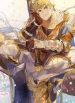  1boy armor bangs blonde_hair blush chest gloves granblue_fantasy green_eyes hand_on_own_cheek highres holding holding_weapon leather looking_at_viewer male_focus muscle pectorals picube525528 polearm simple_background sitting smile solo toned toned_male upper_body vambraces vane_(granblue_fantasy) weapon 