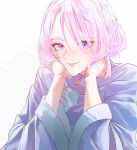  1boy chin_rest closed_mouth clothing_request commentary eyebrows_visible_through_hair hair_between_eyes highres lala_no_kekkon lips looking_at_viewer matsunaga777 otoko_no_ko pink_lips purple_hair ramudan simple_background smile solo upper_body violet_eyes white_background 