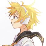  1boy alternate_hairstyle black_collar blonde_hair bloom blue_eyes collar commentary from_side headphones kagamine_len m0ti male_focus necktie parted_lips portrait sailor_collar school_uniform shirt solo spiky_hair twitter_username vocaloid white_background white_shirt yellow_neckwear 