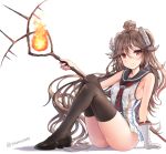  1girl alternate_costume arknights artist_name bangs bare_arms bare_shoulders black_footwear black_legwear breasts brown_hair commentary eyebrows_visible_through_hair eyjafjalla_(arknights) fire highres holding holding_staff horns knees_up long_hair looking_at_viewer mary_janes originium_arts_(arknights) red_eyes red_neckwear sheep_horns shoes simple_background sitting sleeveless small_breasts smile sobmarine solo staff thigh-highs thighs twitter_username very_long_hair 