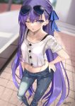 1girl blue_eyes blue_ribbon breasts casual day denim eyewear_on_head fate/grand_order fate_(series) hand_on_hip jeans kesoshirou long_hair looking_at_viewer meltryllis midriff one_eye_closed open_mouth pants purple_hair ribbon small_breasts solo sunglasses 