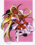  1990s_(style) 1girl blonde_hair boots dark_skin full_body gloves hands_on_own_knee hands_together high_heels highres izubuchi_yutaka lips long_hair looking_at_viewer official_art parted_lips pirotess pointy_ears record_of_lodoss_war red_eyes scan shadow skirt solo thigh-highs thigh_boots v_arms 