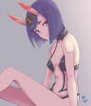  1girl artist_request bangs bare_shoulders blush bob_cut breasts collarbone eyeliner fate/grand_order fate_(series) gradient gradient_background grey_background headpiece highres horns knee_up looking_at_viewer makeup navel oni oni_horns purple_hair revealing_clothes short_hair shuten_douji_(fate/grand_order) simple_background sitting skin-covered_horns small_breasts thighs violet_eyes 