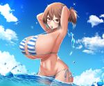  1girl adjusting_hair arms_behind_head bare_shoulders bikini blue_sky breasts cowboy_shot glasses highres huge_breasts mameneko_pai ocean original ponytail ponytail_holder red-framed_eyewear semi-rimless_eyewear side-tie_bikini sky smile splashing striped striped_bikini swimsuit under-rim_eyewear 