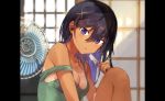  1girl black_hair blue_eyes breasts dark_skin electric_fan food green_skirt hair_ornament ice_cream konbu_wakame looking_at_viewer medium_breasts medium_hair skirt summer sweat tan vest x_hair_ornament 