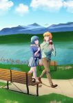  absurdres bench blonde_hair blue_eyes blue_hair clouds ellehleh eye_contact flower food grass green_eyes hetero highres holding_hands hood hoodie ice_cream lake lined_skirt looking_at_another lyrical_nanoha mahou_shoujo_lyrical_nanoha mahou_shoujo_madoka_magica miki_sayaka mountain off-shoulder_shirt off_shoulder pants reeds shirt short_hair sidewalk skirt striped_hoodie walking water yuuno_scrya 