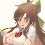  1girl blush bow breasts brown_hair green_bow green_eyes hair_bow hand_on_own_chest hand_up heoningu highres large_breasts long_hair looking_at_viewer open_mouth reiuji_utsuho shirt short_sleeves solo third_eye touhou upper_body white_shirt 