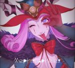  1boy bishounen blue_eyes blue_lipstick blush bow bowtie cape center_opening character_name clown commentary_request curly_hair eyelashes fate/grand_order fate_(series) fur-trimmed_cape fur_collar fur_trim hat headpiece highres horns lipstick makeup male_focus medium_hair mephistopheles_(fate/grand_order) multicolored multicolored_eyes ok_sign one_eye_closed pectorals pikopikopi_01 purple_cape purple_hair smile teardrop thick_eyebrows tongue tongue_out unzipped violet_eyes white_background white_skin 