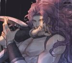  1boy abs arm_blade bare_chest battle_tendency blade earrings horns jewelry jojo_no_kimyou_na_bouken kars_(jojo) long_hair male_focus muscle purple_hair red_eyes shirtless solo vampire wavy_hair weapon yepnean 