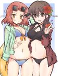  2girls arm_around_waist artist_name ass_visible_through_thighs bangs bikini black_bikini blue_bikini braid breasts brown_eyes brown_hair cellphone choker collaboration commentary drawstring eyebrows_visible_through_hair eyewear_on_head flower front-tie_bikini front-tie_top getsumen_suibaku_ver._a(c) girls_und_panzer green_shirt grin groin hair_flower hair_ornament hair_over_shoulder heart highres holding holding_innertube holding_phone hood hoodie innertube jacket jacket_on_shoulders long_hair long_sleeves looking_at_viewer medium_breasts medium_hair multiple_girls navel o-ring o-ring_bikini open_clothes open_jacket open_mouth open_shirt orange_choker outline phone rebirth42000 red_flower red_jacket redhead rosehip_(girls_und_panzer) rukuriri_(girls_und_panzer) shirt side-by-side single_braid smartphone smile st._gloriana&#039;s_military_uniform standing sunglasses swimsuit twitter_username v white_outline zipper 