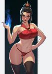  1girl abs artist_name ass_visible_through_thighs avatar:_the_last_airbender avatar_(series) azula bare_shoulders bikini bikini_bottom black_background black_hair blue_fire breasts collarbone dandon_fuga feet_out_of_frame fire grey_background hair_bun hand_on_hip highres large_breasts looking_at_viewer navel simple_background sleeveless solo standing stomach strapless swimsuit thick_thighs thigh-highs thighs tubetop two-tone_background watermark yellow_eyes 