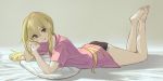  1girl absurdres bangs black_panties blonde_hair deg_(deguana) eyebrows_visible_through_hair full_body hair_between_eyes highres idolmaster idolmaster_cinderella_girls idolmaster_cinderella_girls_starlight_stage kurosaki_chitose long_hair lying on_stomach panties pillow pink_shirt red_eyes shirt sidelocks simple_background solo underwear 