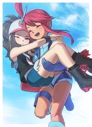  2girls blush carrying closed_eyes fuuro_(pokemon) hair_ornament highres multiple_girls open_mouth pokemon pokemon_(game) pokemon_bw princess_carry shorts smile suspenders touko_(pokemon) u-doku yuri 