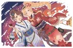  2girls bangs beatrix_(granblue_fantasy) belt belt_buckle blonde_hair blue_eyes braid braided_ponytail brown_hair buckle candy_apple commentary_request dutch_angle english_text fireworks floral_print flower food granblue_fantasy green_eyes hair_bun hair_flower hair_ornament holding holding_food japanese_clothes kimono kinchaku long_ponytail long_sleeves looking_at_viewer multiple_girls obi open_mouth parted_bangs pouch sash shimatani_azu side_ponytail sidelocks swept_bangs teeth wide_sleeves yukata zeta_(granblue_fantasy) 