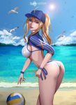  1girl absurdres ahoge artoria_pendragon_(all) ass beach bird blonde_hair blue_eyes clouds clover7 day fate_(series) flying hat highres jacket mysterious_heroine_xx_(foreigner) ocean panties parted_lips ponytail side-tie_panties sky solo sun underwear wristband 