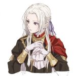  1girl edelgard_von_hresvelg fire_emblem fire_emblem:_three_houses garreg_mach_monastery_uniform gloves hair_ribbon long_hair long_sleeves parted_lips ribbon sen&#039;yuu_yuuji simple_background solo uniform upper_body violet_eyes white_background white_gloves white_hair 