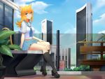  1girl absurdres animal_ears bangs blonde_hair blue_sky building cat_ears cat_tail day green_eyes high_heels highres long_hair looking_at_viewer original outdoors plant pleated_skirt potted_plant sailor_collar school_uniform serafuku sitting skirt sky skyscraper smile socks solo sonikey0_0 tail 