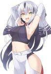  100 1girl armpits arms_up black_hair breasts detached_sleeves fate/grand_order fate_(series) green_eyes highres hip_vent long_hair medium_breasts midriff multicolored_hair nagao_kagetora_(fate) smile two-tone_hair white_background white_hair 