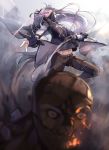  1girl 1other ak-12_(girls_frontline) attack black_gloves black_pants black_ribbon blurry gas_mask girls_frontline gloves glowing glowing_eyes hair_ribbon highres holding holding_knife knife long_hair mask mixed-language_commentary navel niac pants partly_fingerless_gloves pink_eyes ribbon ruins shirt silver_hair tactical_clothes very_long_hair 