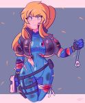  1girl bandaged_arm bandaged_leg bandages blonde_hair blood blue_bodysuit blue_eyes bodysuit clenched_hand commentary cropped_jacket cuts dog_tags earrings english_commentary gun handgun highres holding holding_gun holding_weapon holster injury jewelry metroid mole mole_under_mouth peachyboi pistol ponytail samus_aran solo thigh_holster torn_bodysuit torn_clothes torn_jacket weapon zero_suit 