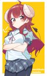  1girl absurdres ahoge blush brown_eyes brown_hair copyright_name curled_horns demon_girl demon_horns demon_tail eyebrows_visible_through_hair highres horns long_hair looking_at_viewer machikado_mazoku misao_koinu pout simple_background solo tail yoshida_yuuko_(machikado_mazoku) 