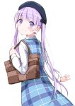  1girl absurdres bag beret blush bow closed_mouth dress eyebrows_visible_through_hair hair_bow handbag hat highres holding long_hair long_sleeves looking_at_viewer looking_back marie_(pixiv31942978) new_game! plaid plaid_dress purple_hair smile solo suzukaze_aoba twintails violet_eyes white_background 