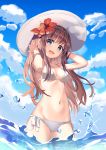  1girl :d absurdres bangs bikini blue_eyes blue_sky blush breasts brown_hair caustics clouds cowboy_shot day eyebrows_visible_through_hair flower groin hair_flower hair_ornament hands_up hat head_tilt hibiscus highres hwanhee long_hair looking_at_viewer navel ocean open_mouth original outdoors side-tie_bikini sidelocks sky small_breasts smile solo sparkle standing sun_hat swimsuit wading water_drop waves white_bikini 