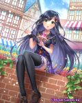  1girl bangs black_hair blush city clouds dress green_eyes hair_ornament koushi_rokushiro kurokawa_kira leaf long_hair looking_at_viewer onsen_musume open_mouth shoes sitting sky solo thigh-highs zettai_ryouiki 