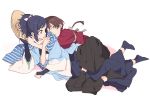  2boys ajirogasa black_hair blue_eyes bridal_gauntlets brown_hair hakama haori hat hug hug_from_behind japanese_clothes kashuu_kiyomitsu lying male_focus mole mole_under_mouth multiple_boys on_side plico_(nicoma) ponytail red_eyes shinsengumi spooning tabi touken_ranbu yamato-no-kami_yasusada yaoi 